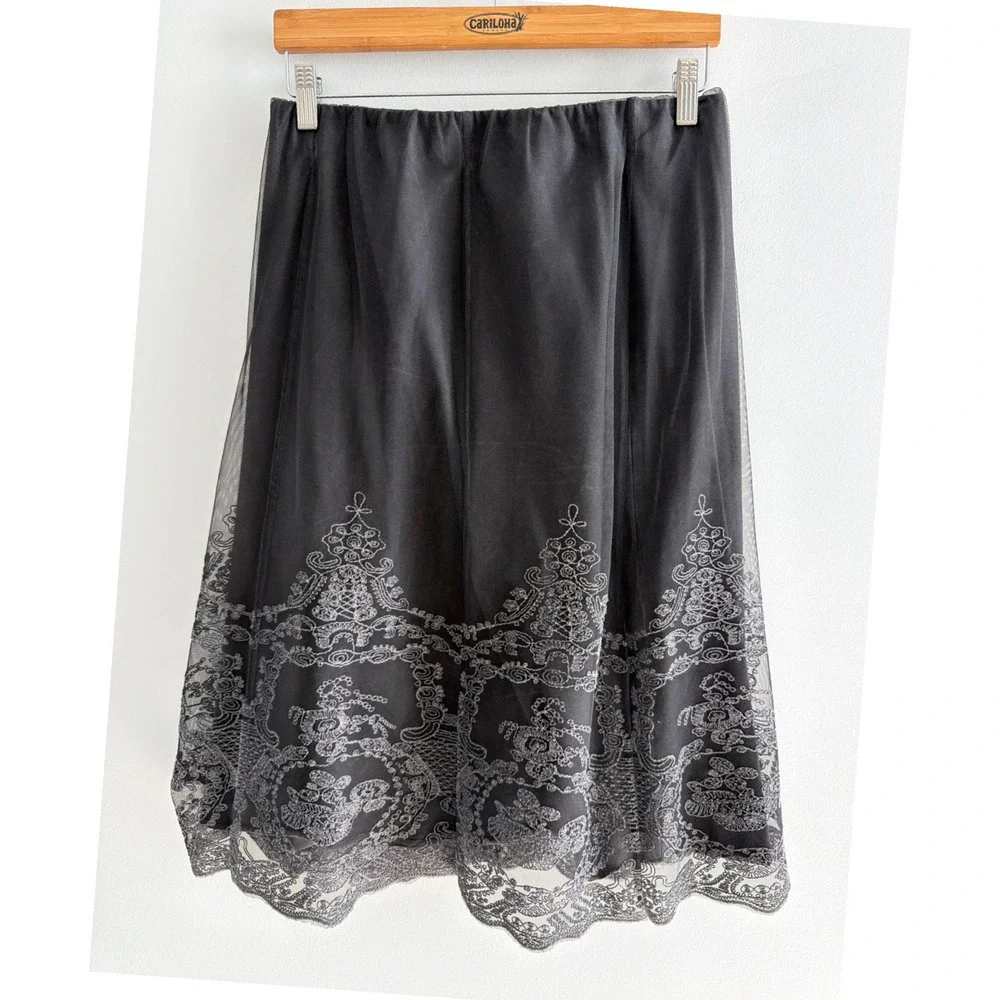 Soft Surroundings Black Mesh Embroidered Lace Trim Midi‎ Skirt Small